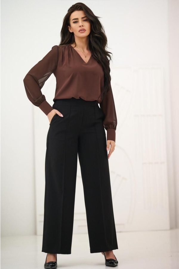 Elegancka bluzka damska z szyfonowym długim rękawem dekolt V mankiety z guzikiem - brąz